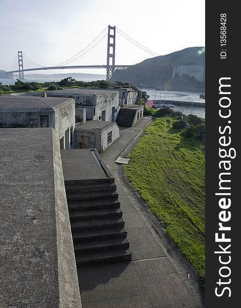 View next to San Francisco Golden Gate Bridge with the bunkers. View next to San Francisco Golden Gate Bridge with the bunkers