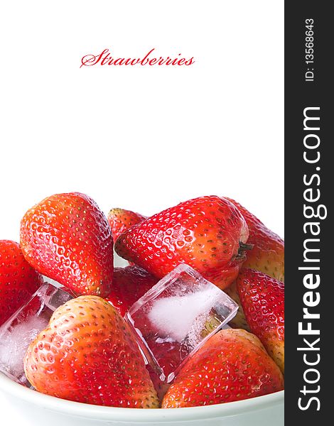 Ice cubes and strawberries on white background