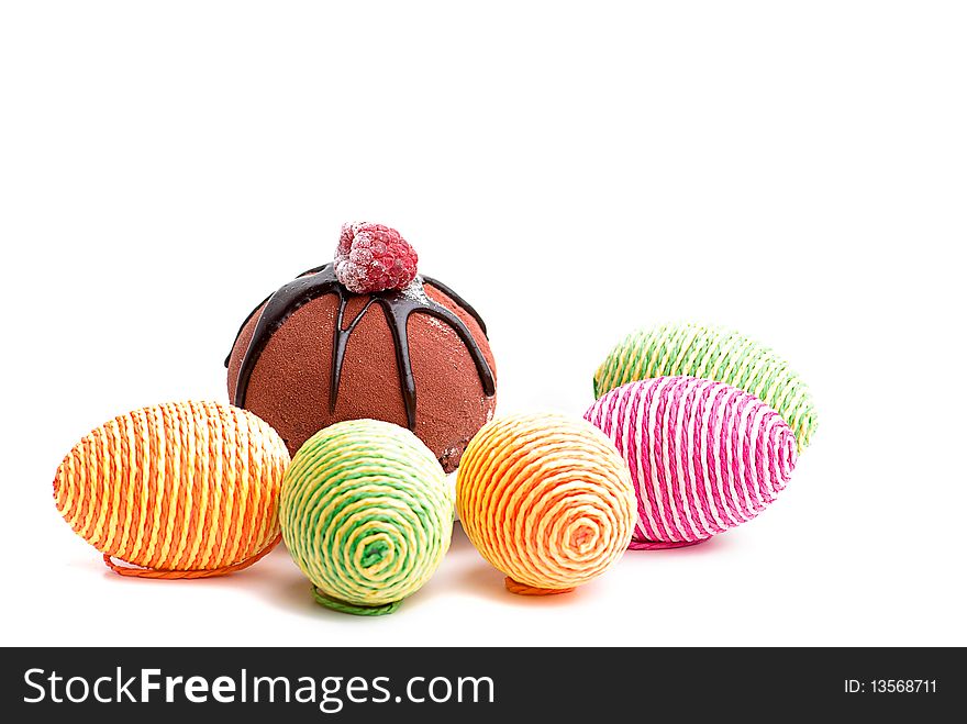 Easter cake and color eggs isolated on white background. Easter cake and color eggs isolated on white background