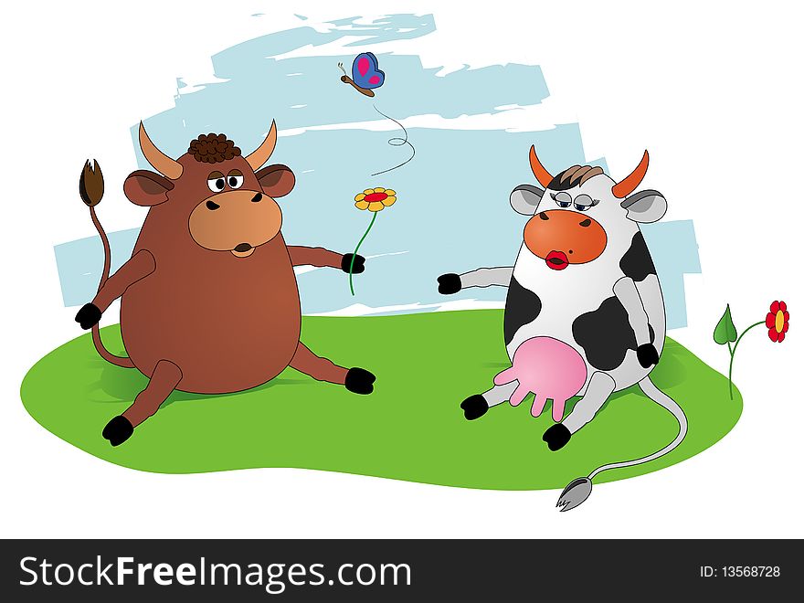 Cartoon-styled funny cow and bull. Vector. Cartoon-styled funny cow and bull. Vector