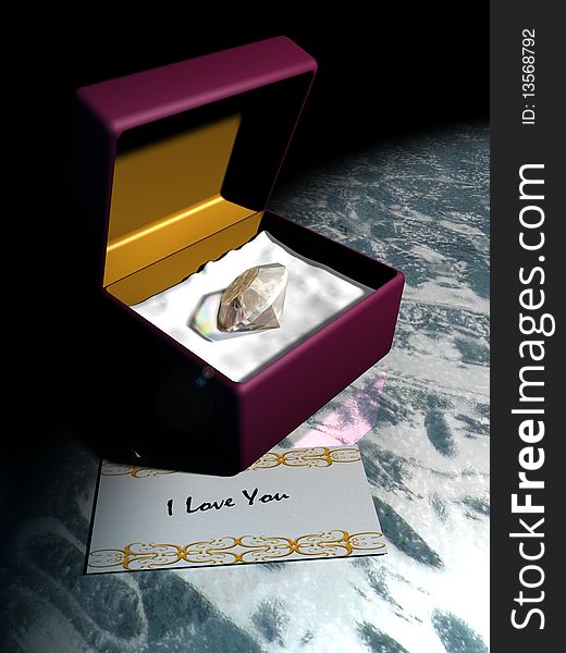 A diamond rests in a purple box, on a glass table, with a card saying I Love You. A diamond rests in a purple box, on a glass table, with a card saying I Love You