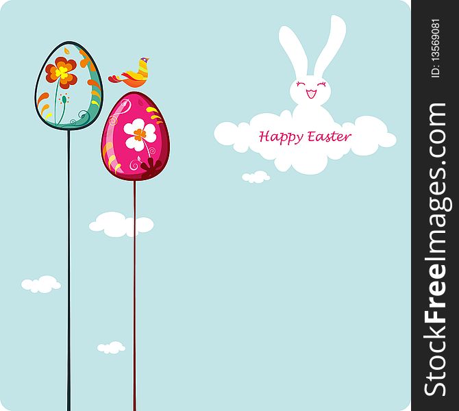 Easter card template - cloud shape bunny with colored eggs
