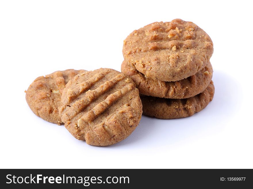 Many pieces of cookies isolated on white background.