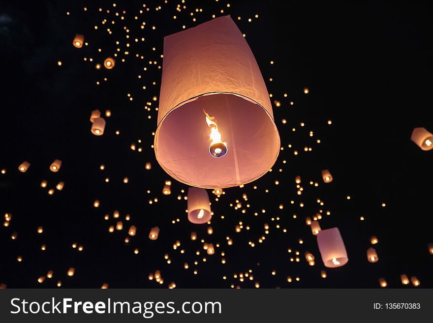 Tourist floating sky lanterns in Chiang Mai ,Thailand