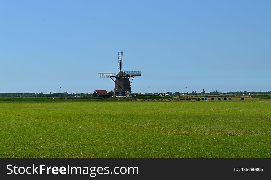 Windmill, Grassland, Field, Sky