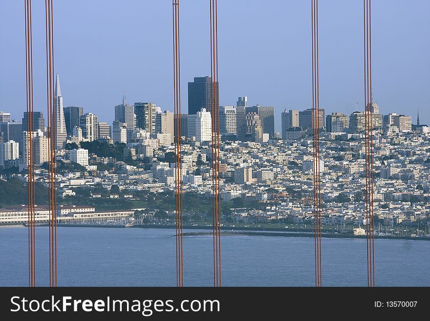 View next to San Francisco Golden Gate Bridge to the city. View next to San Francisco Golden Gate Bridge to the city