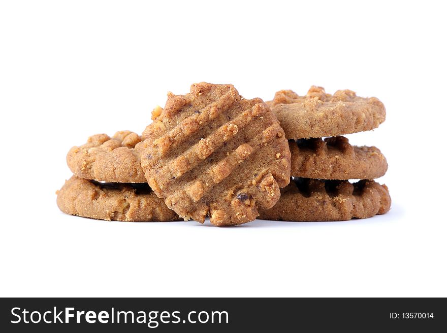 Many pieces of cookies isolated on white background.