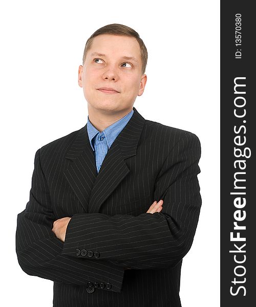 Pensive young business man isolated on a white background