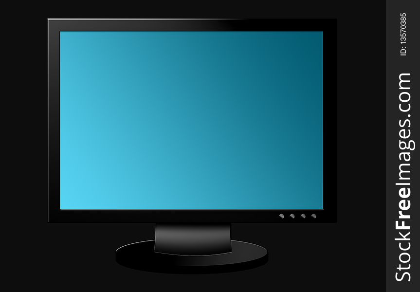 Black with blue screen television over black background. Illustration.