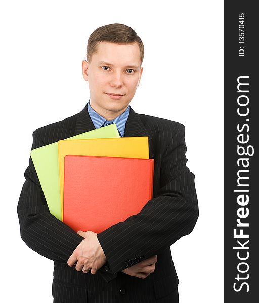 Businessman with colored folders, isolated on white