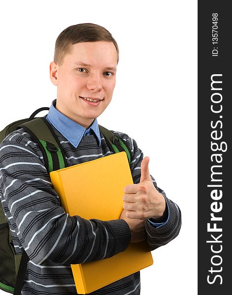 Male student with thumb up isolated over a white background