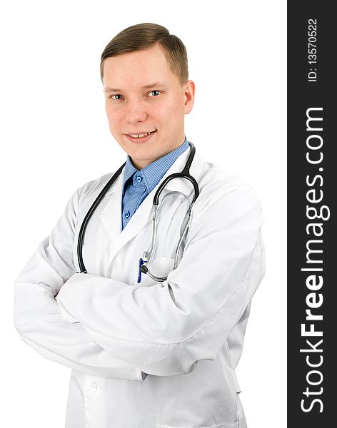 Closeup portrait of a happy young doctor with stethoscope