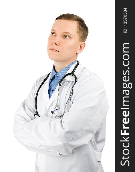 Pensive male doctor isolated on a white background