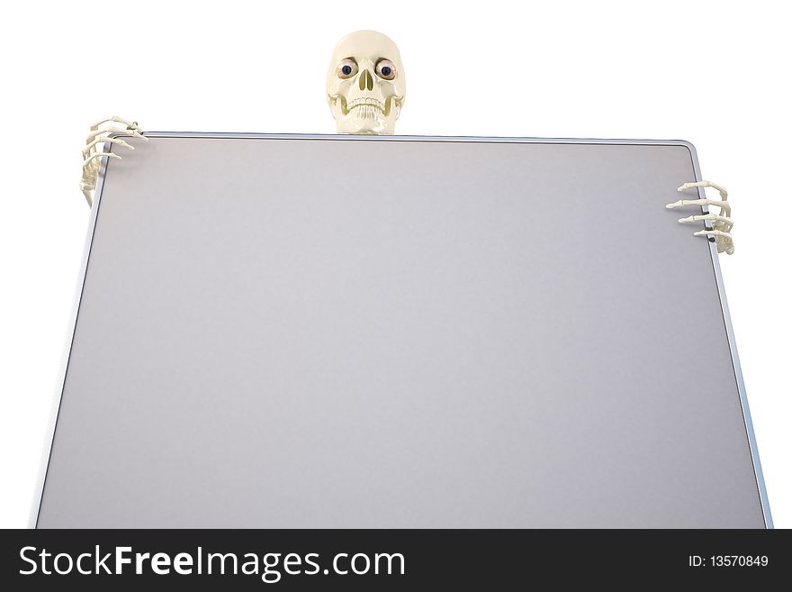 Skeleton holding a billboard. with clipping path.