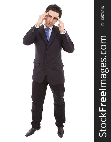 Businessman in a suit gestures with a headache, isolated on white