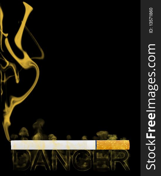 A lit cigarette with smoke coming out with smoky font reading DANGER. A lit cigarette with smoke coming out with smoky font reading DANGER.