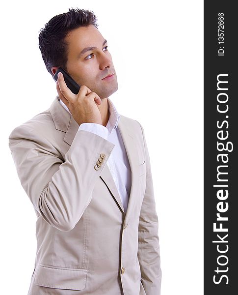 Young business man using cellphone isolated on white background