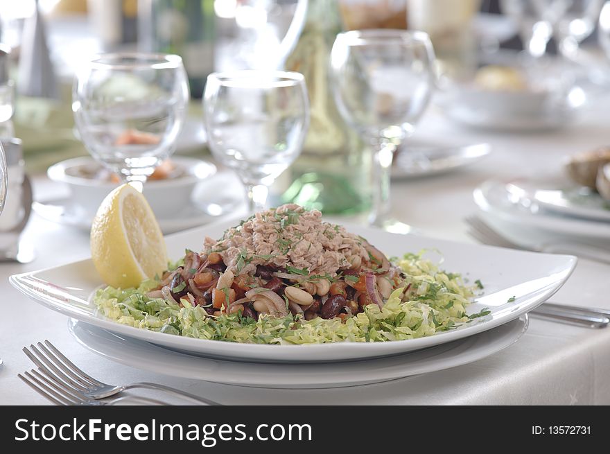 Plate of tuna fish salad with lettuce, beans and onion wiht selective focus. Plate of tuna fish salad with lettuce, beans and onion wiht selective focus