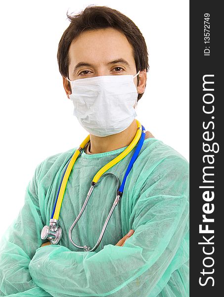 Young male doctor with a stethoscope, isolated on white