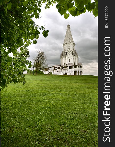 White Temple in Kolomeskoe, Moscow, Russia. Dull day.