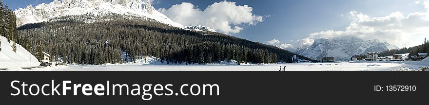 Fantastic landscape of misurina lake in winter time