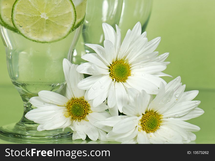 Lime slices in ice water with daisy bouquet. Lime slices in ice water with daisy bouquet.