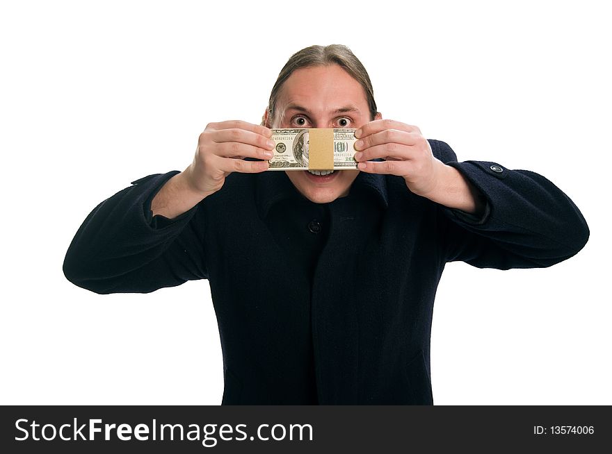 Business man holding money over face. Business man holding money over face
