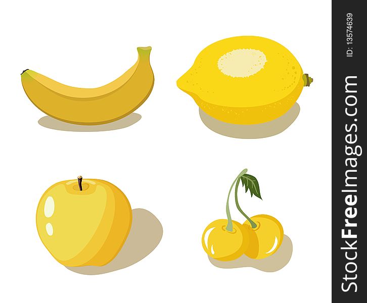 Set of four yellow fruits on white background