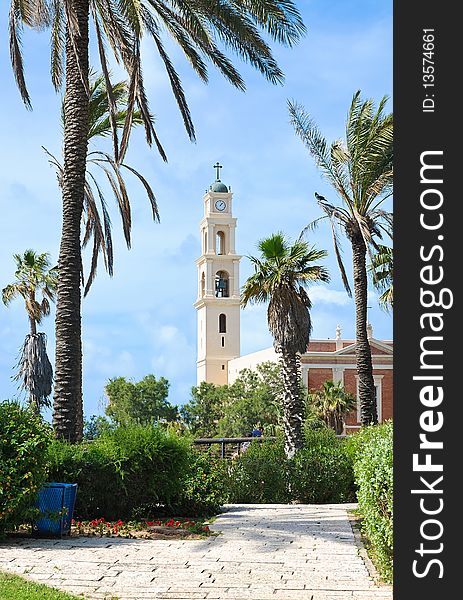 Ancient church in Yafo. Belfry. Israel.