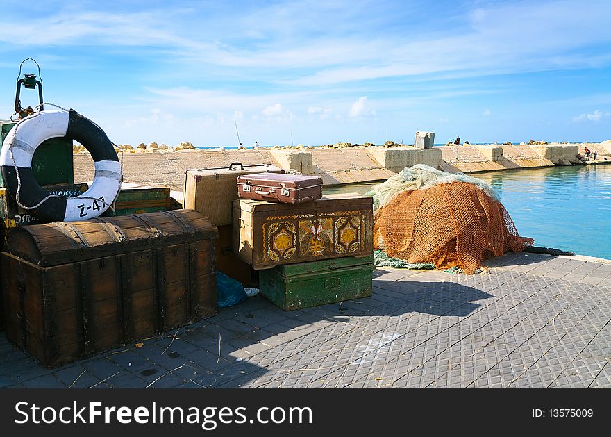 Old things on the dock at the port. Yafo. Israel. Old things on the dock at the port. Yafo. Israel.