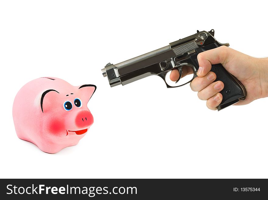 Piggy bank and hand with gun isolated on white background