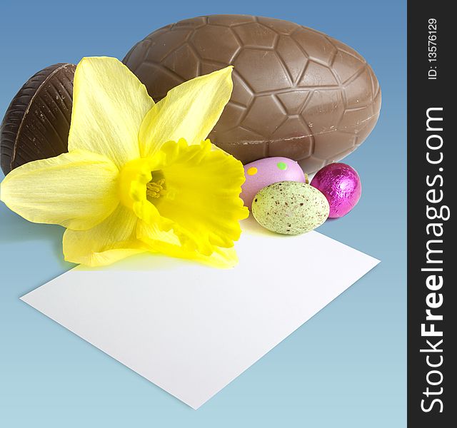 Easter still life with blank paper for message