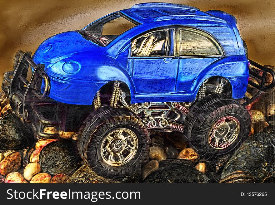 Illustration of a blue plastic four wheel toy car drive on rocks and plants. Illustration of a blue plastic four wheel toy car drive on rocks and plants