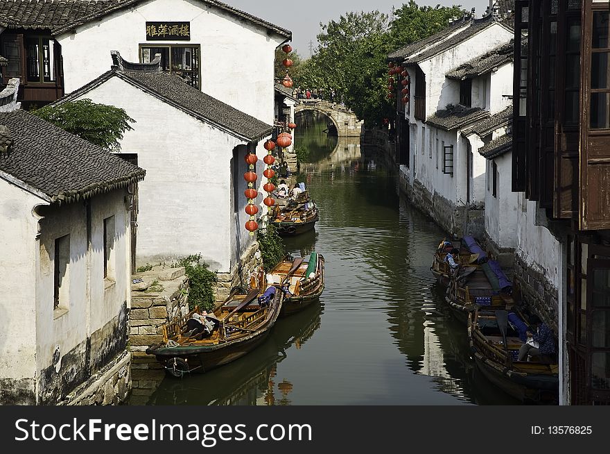A view of the canal at the ancient water town in Wuzhen Jiangsu China