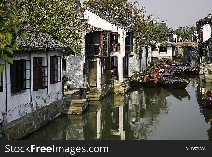 A view of the canal at the ancient water town in Wuzhen Jiangsu China