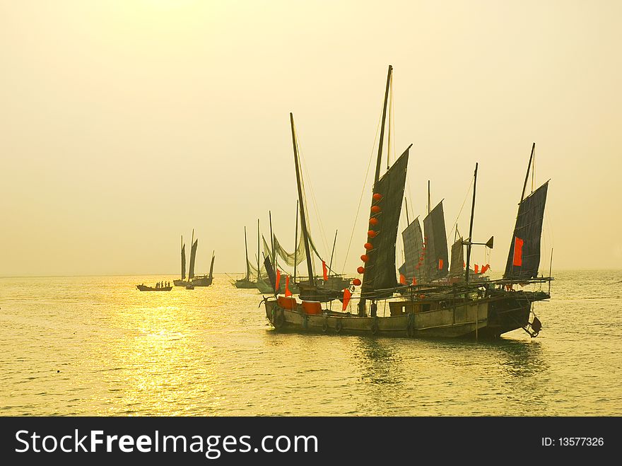 Fishing-boats in the morning with the brigands on it