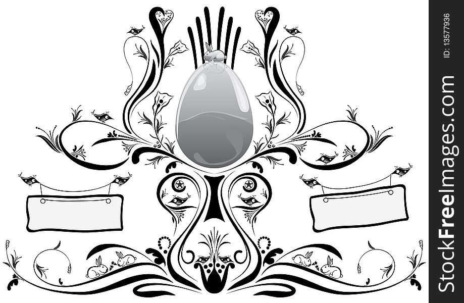 Rabbit sitting on the egg. Four birds holding text fields in their beak. Floral design near the egg looks like a cup. The design is created in black-white color scheme. Rabbit sitting on the egg. Four birds holding text fields in their beak. Floral design near the egg looks like a cup. The design is created in black-white color scheme