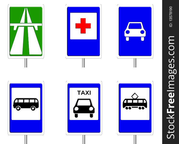 A set of traffic signs on a white background. Set of information signs. A set of traffic signs on a white background. Set of information signs.