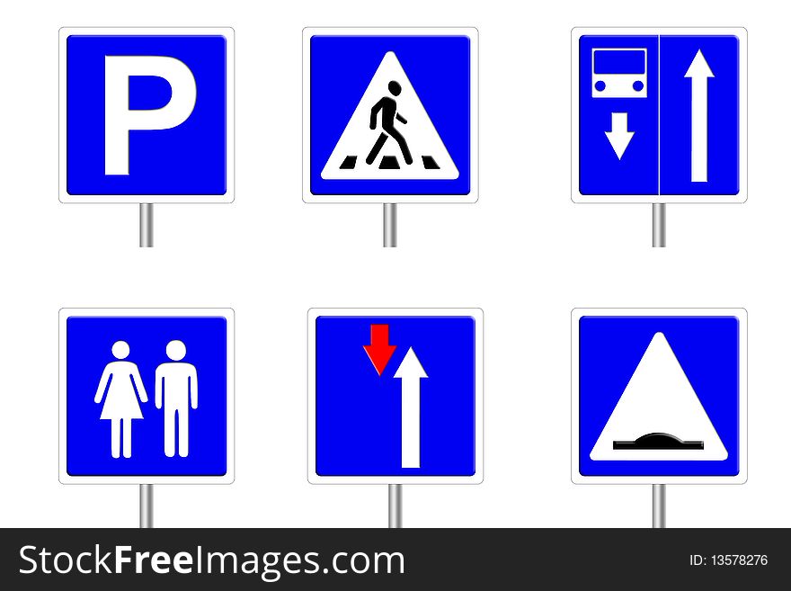A set of traffic signs on a white background. Set of information signs. A set of traffic signs on a white background. Set of information signs.