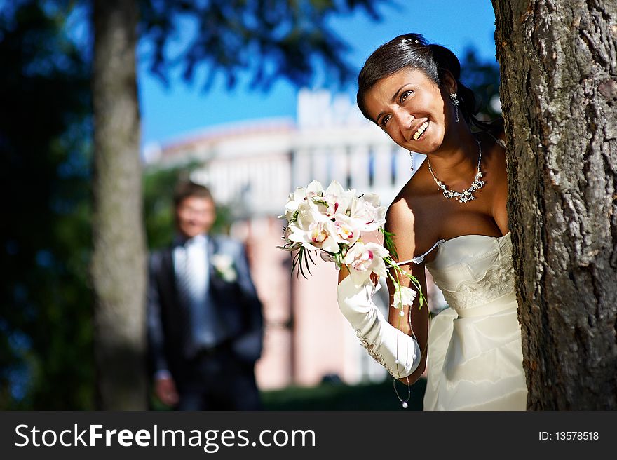 Bride and groom in park