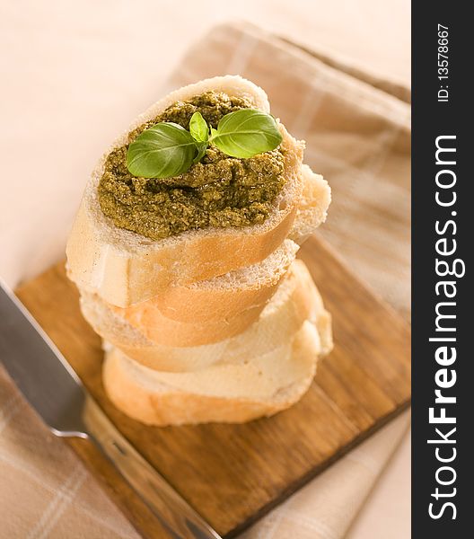 baguette with green fresh pesto