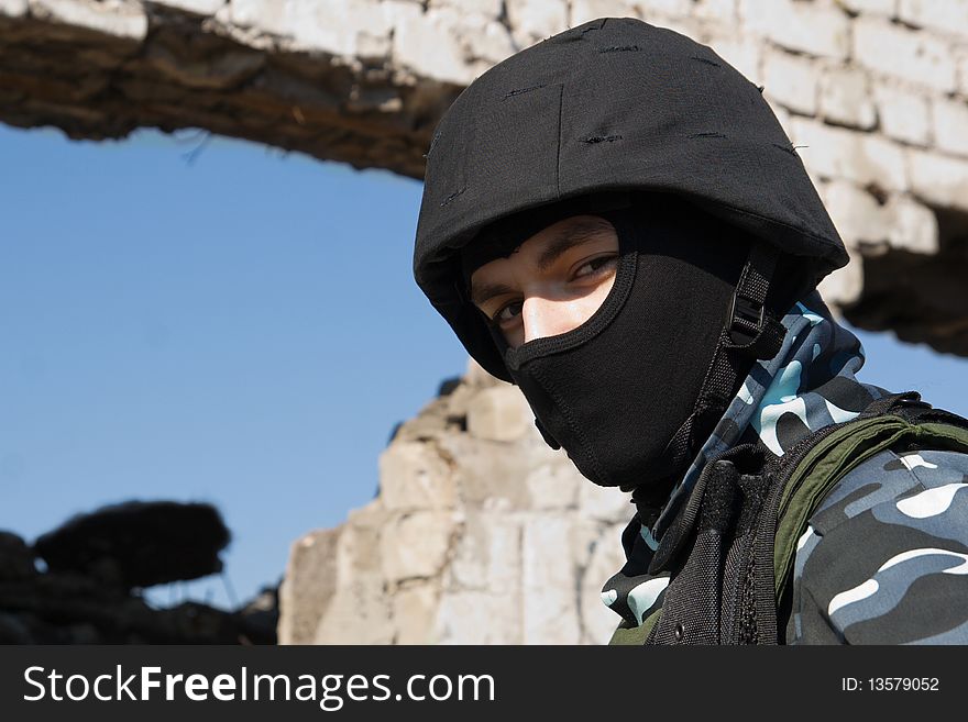 Portrait Of A Soldier In Helmet