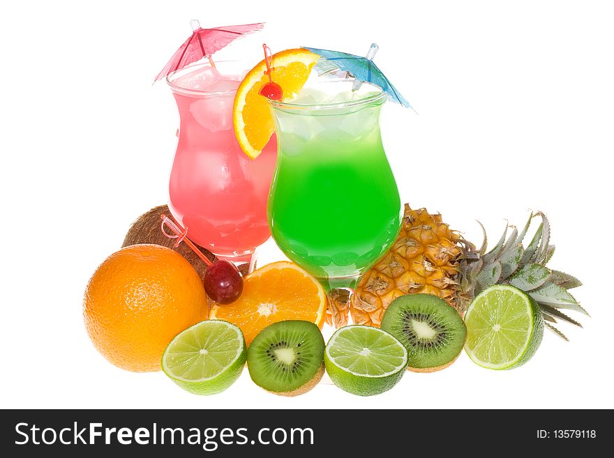 Alcohol cocktails with fruits on white background