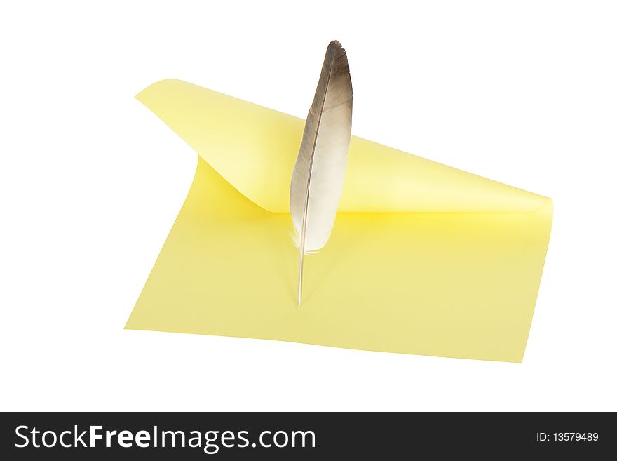 Feather standing on yellow paper sheet. Isolated on white with clipping path. Feather standing on yellow paper sheet. Isolated on white with clipping path