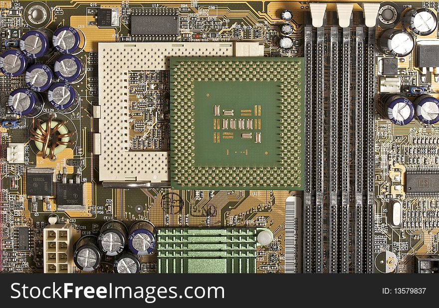 Computer motherboard with chips, memory, pci