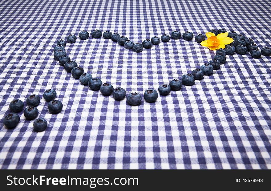 Blueberries lined up in a heart shape with a lily. Studio shot. Blueberries lined up in a heart shape with a lily. Studio shot.