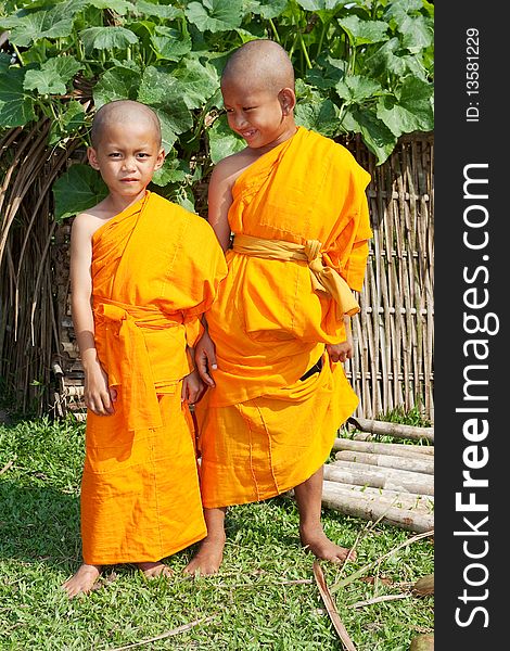 Kinder als buddhistische Novizen Laos, in traditional orange garment. Kinder als buddhistische Novizen Laos, in traditional orange garment