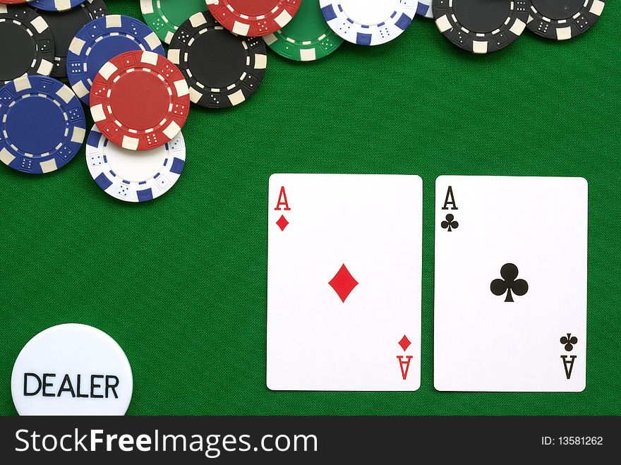 Poker hand pocket aces on the button with chips