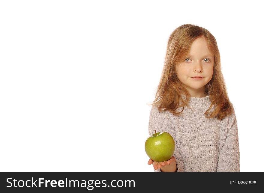 Young girl holding an apple on an isolated background