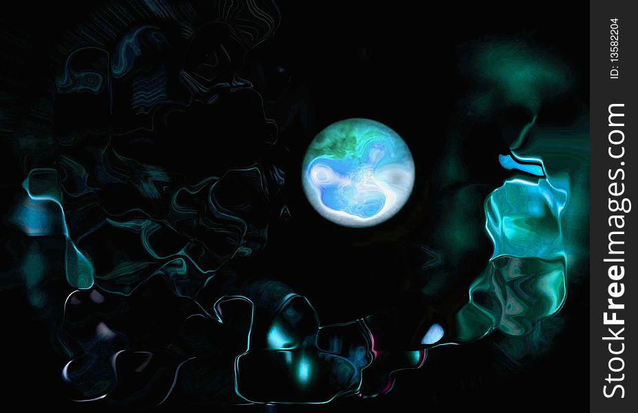 Aqua blue and green moon surrounded by same colored ethereal swirls. Aqua blue and green moon surrounded by same colored ethereal swirls.